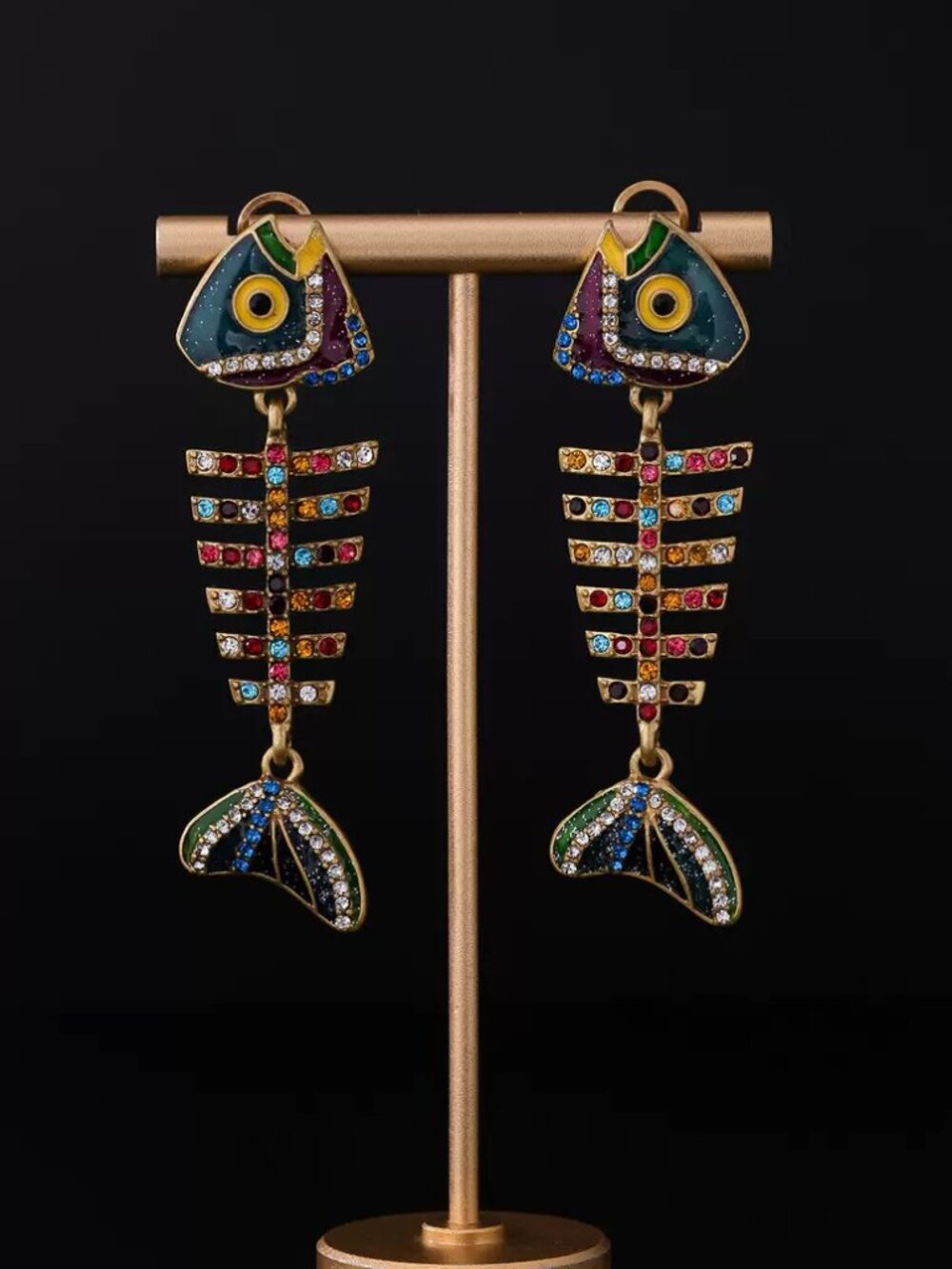 Novelty Fish Skeleton Earrings Colorful Rhinestone Enamel Dangle Gold Tone